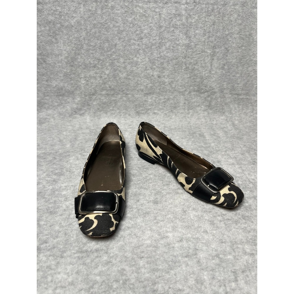 VTG Talbots Flats 5.5B Tan Black Floral Buckle Square Toe Retro Mod Preppy Chic